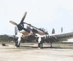 AU-1 Corsair fighter at rest, Marine Corps Base Quantico, Virginia, United States, late 1950s; seen in May 1975 issue of US Navy publication Naval Aviation News