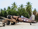 F4U-1A Corsair fighter of US Navy squadron VF-17 being serviced on Nissan Island, Green Islands, Mar 1944