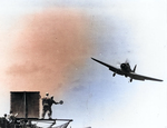 TBD-1 Devastator torpedo bomber of Torpedo Squadron 6 landing on Enterprise, 4 May 1942.