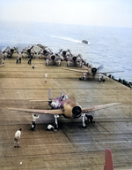 F6F Hellcat aircraft of Fighting Squadron 8 warm up on USS Intrepid