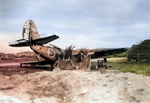 Captured US SB2C Helldiver aircraft painted and deployed as a decoy aircraft, Yokosuka naval airfield, Japan, late 1945