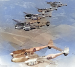 P-38L Lightning aircraft flying in formation during Lockheed test pilot Milo Burcham