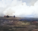 P-38 Lightning fighters escorting US 43rd Bombardment Group aircraft over New Guinea, 1942-1943, photo 2 of 2