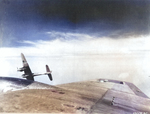 German Me 410 aircraft attacking a B-17G bomber of US 562nd Bomb Squadron, 388th Bomb Group over Brüx, Czechoslovakia (now Most, Czech Republic) May 12 1944; photo taken from the B-17G aircraft “Lady Godiva”