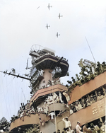 B-29 bombers flew in formation over battleship Missouri, during the Japanese surrender ceremonies, 2 Sep 1945