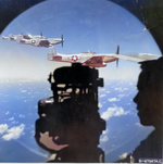 P-51 Mustang fighters seen through a window of a B-29 Superfortress bomber, 1945