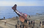 FM-2 Wildcat fighter after a barrier crash aboard USS Sable, Great Lakes, United States, May 1945