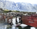 American soldiers unloading landing craft on the beach at Massacre Bay, Attu, Aleutian Islands, 13 May 1943