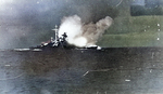 Bismarck firing on Hood and Prince of Wales, Battle of Denmark Strait, 24 May 1941, photo 2 of 8; photographed from Prinz Eugen