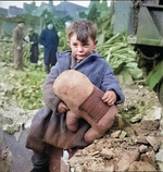 Abandoned boy holding a stuffed toy animal amid ruins following German aerial bombing of London, England, United Kingdom, 1940