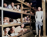 Elie Wiesel (second row, seventh from left) and other prisoners of Buchenwald Concentration Camp, Weimar, Germany, 16 Apr 1945