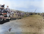 US Marines laying a pierced steel matting roadway on Red Beach, Iwo Jima, Japan, 25 Feb 1945