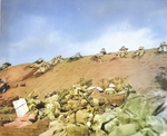 Men of USMC 5th Division advancing through the volcanic ash hills of Red Beach No. 1 at Iwo Jima, Japan, 19 Feb 1945, photo 1 of 2