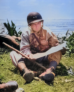 Marine Major General Lemuel Shepherd of the 6th Marine Division studied a map on Okinawa, Jun 1945