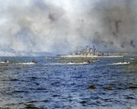 LVT landers carried US Marines past battleship Tennessee toward Iwo Jima, 19 Feb 1945