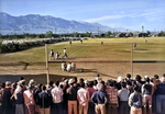 Japanese-American internees of the Manzanar War Relocation Camp playing a game of baseball, California, United States, circa 1943