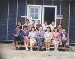 Charles Lynn (center) with his newspaper staff, Jerome War Relocation Center, Arkansas, United States, 16 Nov 1942