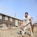 Men digging drainage ditches between barracks buildings, Jerome War Relocation Center, Arkansas, United States, 17 Nov 1942