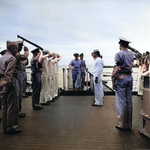 Vice Admiral Charles Lockwood arriving aboard USS Missouri, Tokyo Bay, Japan, 2 Sep 1945