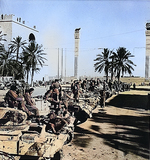 British Valentine II or IV infantry tanks lined up in Tripoli, Libya after they helped capturing the city, circa mid to late Jan 1943