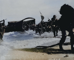 Men of 163rd Infantry Regiment hit the beach from Higgins boats during the invasion of Wadke Island, New Guinea, 18 May 1944