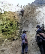 US Army Rangers showing off the ladders they used to storm the cliffs of Pointe du Hoc, Normandy, France, 6 Jun 1944