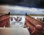 A LCVP from the U.S. Coast Guard-manned USS Samuel Chase disembarked troops on a Normandy beach, 6 Jun 1944