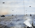 Allied fleet crossing the English Channel, 6 Jun 1944; note the observation balloon above each ship