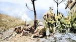 Men of the US 6th Marine Division observing shelling of a Japanese position near Yae Take Airfield, Okinawa, Japan, 14 Apr 1945