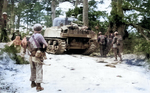 Men and M4 Sherman tank of the 382nd Infantry Regiment, US 96th Division on the Ginowan Road, Okinawa, Japan, circa Apr-Jun 1945