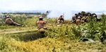 Men of the 383nd Infantry Regiment, US 96th Division firing at a Japanese position in the Mashiki area, Okinawa, Japan, circa Apr 1945