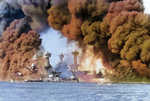 Burning battleships Arizona, West Virginia, and Tennessee at Pearl Harbor, US Territory of Hawaii, 7 Dec 1941