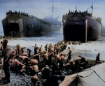 Men built sandbag piers at a Leyte beach while two US Coast Guard-manned LSTs opened their cargo bay doors, circa late 1944