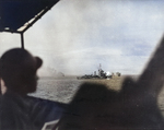 A Mahan-class destroyer, possibly Drayton or Lamson, bombarding the objective area during landings on the shores of Ormoc Bay, Leyte, Philippine Islands, 7 Dec 1944