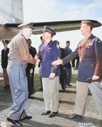 General George Marshall greeting Major General John Deane (shaking hands) and Brigadier General Stuart Culter (approaching), Berlin, Germany, 15 Jul 1945