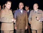 Joseph Stalin, Harry Truman, and Winston Churchill during the Potsdam Conference, Germany, 17 Jul 1945, photo 1 of 2