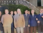 Harry Vaughan, Joseph Stalin, Harry Truman, Andrei Gromyko, Charles Ross, James Byrnes, and Vyacheslav Molotov at Stalin