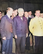 Clement Attlee, Harry Truman, Vyacheslav Molotov, and Joseph Stalin during the Potsdam Conference, Germany, 1 Aug 1945, photo 2 of 2