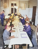 William Leahy presiding over a US staff meeting during the Potsdam Conference, Germany, 23 Jul 1945