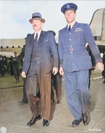 British Prime Minister Clement Attlee, accompanied by Captain D. Somerville, arriving at Berlin-Gatow airfield, Berlin, Germany, 28 Jul 1945