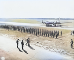 British Prime Minister Winston Churchill inspecting honor guards from British Royal Navy, British Royal Air Force, British Grenadier Guards regiment, and Canadian troops, Berlin-Gatow airfield, Germany, 15 Jul 1945