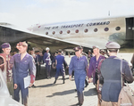 US General Brehon Somervall arriving at Berlin-Gatow airfield, Germany, 15 Jul 1945, photo 3 of 3; note Brigadier General Earl Hoag present to greet Somervall