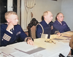 Captain C. J. Moore, Admiral William Leahy, and Brigadier General Andrew McFarland at a meeting during the Potsdam Conference, Germany, 23 Jul 1945