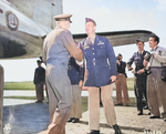 US General Brehon Somervall arriving at Berlin-Gatow airfield, Germany, 15 Jul 1945, photo 1 of 3; note Brigadier General Earl Hoag present to greet Somervall