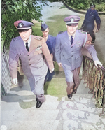 US Navy Fleet Admiral Ernest J. King and Commander R. E. Dornin climbing the steps to their quarters during Potsdam Conference, Germany, 15 Jul 1945