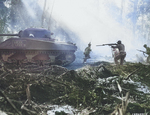 American troops advanced under the cover of M4 Sherman tank 