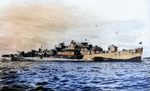 Destroyer escort USS Tabberer at Ulithi showing that she had been dismasted by Typhoon Cobra, 22 Dec 1944.