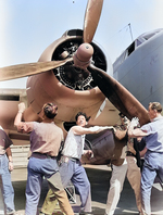 Workers checking a newly completed PV-1 aircraft, Lockheed factory, Burbank, California, United States, Aug 1943