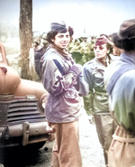 Tech. Sgt. Tommye Berry, Acting 1st Sgt. of an US Army WAC African-American unit, at Transportation Corps staging area of Camp Shanks, New York, United States, 16 Apr 1945