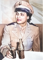 Willa Beatrice Brown, trainer for the US Army Air Forces, was the first African-American woman to receive commission as lieutenant in US Civil Air Patrol; note male-style coat and Germanic pilot wings